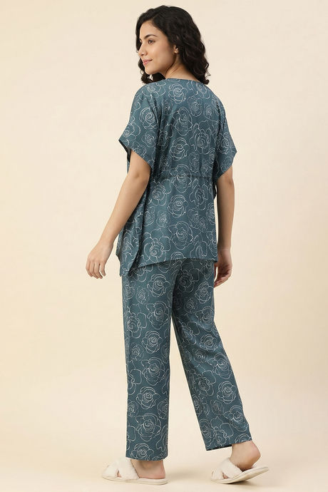 Zivame Satin Kaftan Loungewear Set - Sagebrush Green — image 3